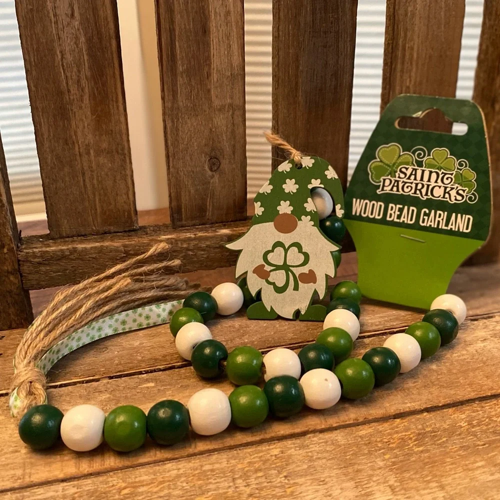 St. Patricks Day Wood Bead Garland Set Of 3, Lucky Bead Garland, Gnome Garland
